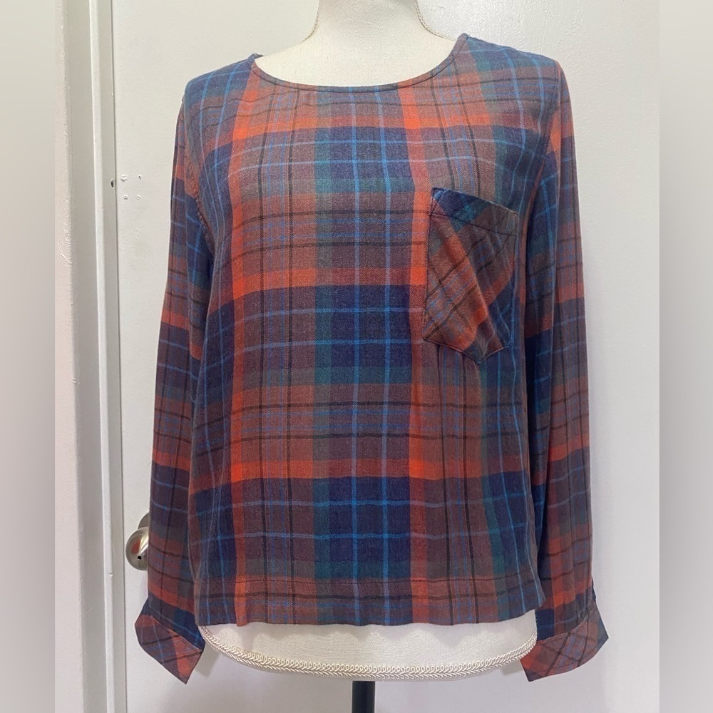 cloth & stone Blue and Orange Plaid Long-Sleeve Blouse